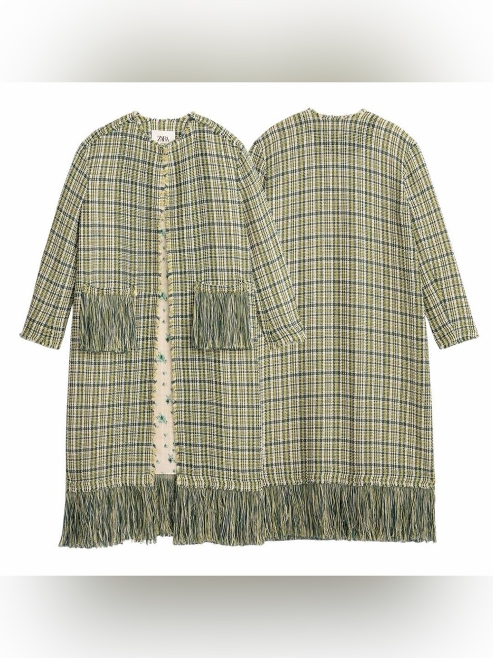 ZARA Green Plaid Tweed Fringe Pocket Pea Coat